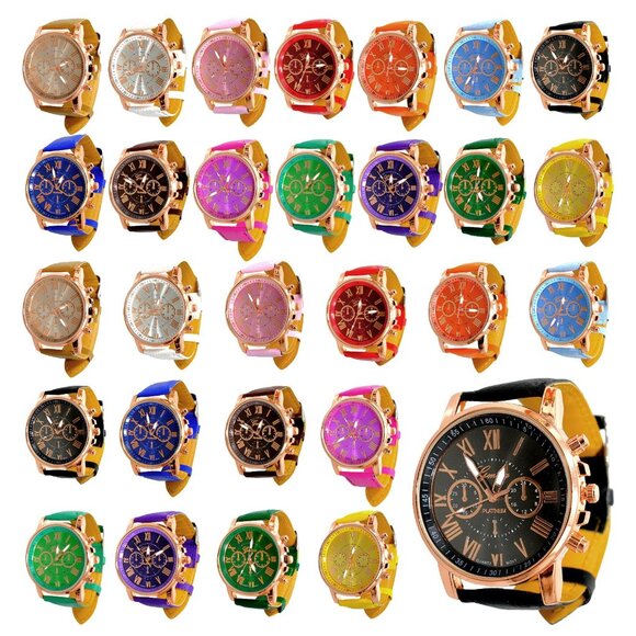 28-Piece Unisex Quartz Watch Set with Roman Numerals & PU Leather Bands